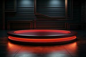 Ai Generated photo red light round podium and black background for mock up realistic image