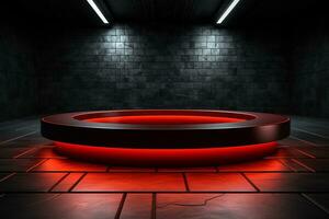 Ai Generated photo red light round podium and black background for mock up realistic image