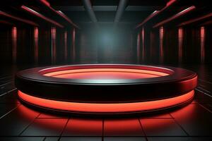 Ai Generated photo red light round podium and black background for mock up realistic image