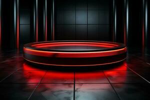 Ai Generated photo red light round podium and black background for mock up realistic image