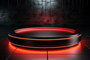 Ai Generated photo red light round podium and black background for mock up realistic image