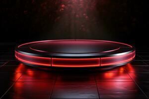 Ai Generated photo red light round podium and black background for mock up realistic image
