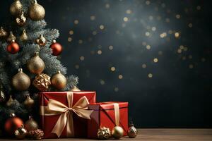 Ai Generative Background of christmas tree and red gift box on a christmas empty background with copy space photo