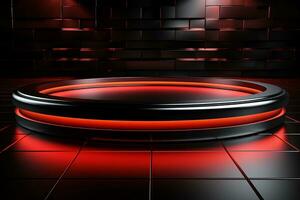 Ai Generated photo red light round podium and black background for mock up realistic image