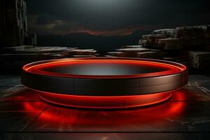 Ai Generated photo red light round podium and black background for mock up realistic image