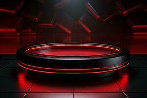 Ai Generated photo red light round podium and black background for mock up realistic image