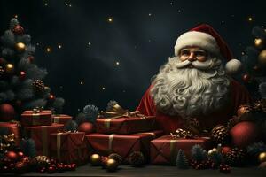 Ai Generative Christmas banner with copy space for text, santa claus celebrate with giftboxes, fir tree branches and red ornaments, dark color background photo