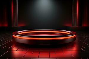 Ai Generated photo red light round podium and black background for mock up realistic image