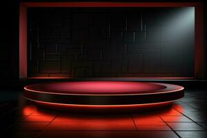 Ai Generated photo red light round podium and black background for mock up realistic image