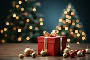 Ai Generative Background of christmas tree and red gift box on a christmas empty background with copy space photo