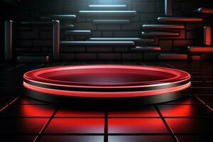Ai Generated photo red light round podium and black background for mock up realistic image