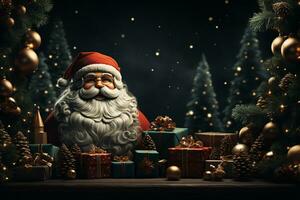 Ai Generative Christmas banner with copy space for text, santa claus celebrate with giftboxes, fir tree branches and red ornaments, dark color background photo