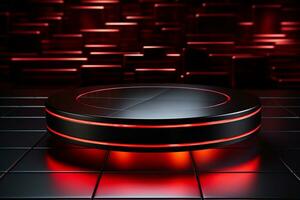 Ai Generated photo red light round podium and black background for mock up realistic image