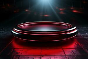 Ai Generated photo red light round podium and black background for mock up realistic image