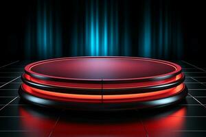 Ai Generated photo red light round podium and black background for mock up realistic image