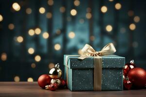 Ai Generative Background of christmas tree and red gift box on a christmas empty background with copy space photo