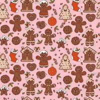 Trendy seamless pattern. Christmas groovy retro cartoon characters gingerbread cookies, man, tree, ball, Xmas stocking, boot on pink background. Vector New Year illustration. Vibes 70s.