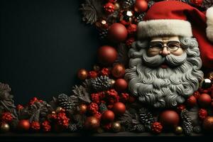 Ai Generative Christmas banner with copy space for text, santa claus celebrate with giftboxes, fir tree branches and red ornaments, dark color background photo