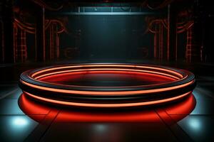 Ai Generated photo red light round podium and black background for mock up realistic image