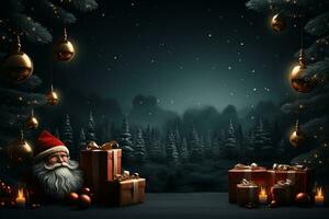 Ai Generative Christmas banner with copy space for text, santa claus celebrate with giftboxes, fir tree branches and red ornaments, dark color background photo