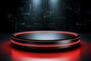 Ai Generated photo red light round podium and black background for mock up realistic image