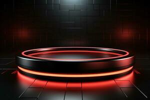 Ai Generated photo red light round podium and black background for mock up realistic image