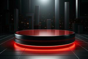 Ai Generated photo red light round podium and black background for mock up realistic image