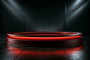 Ai Generated photo red light round podium and black background for mock up realistic image