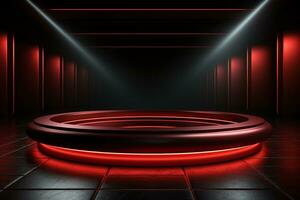 Ai Generated photo red light round podium and black background for mock up realistic image