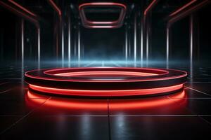 Ai Generated photo red light round podium and black background for mock up realistic image