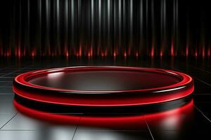 Ai Generated photo red light round podium and black background for mock up realistic image