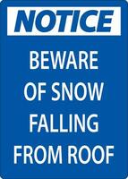 Notice Sign Beware Of Snow Falling From Roof vector