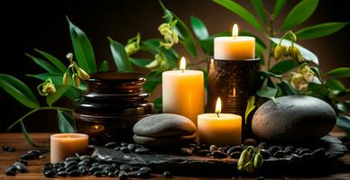 Wellness decoration, spa massage, oil on stone background. Zen, relaxation concept - AI generated image photo