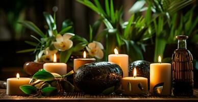 Wellness decoration, spa massage, oil on stone background. Zen, relaxation concept - AI generated image photo