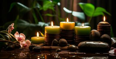 Wellness decoration, spa massage, oil on stone background. Zen, relaxation concept - AI generated image photo