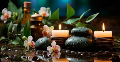 Wellness decoration, spa massage, oil on stone background. Zen, relaxation concept - AI generated image photo