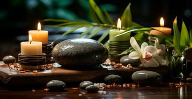 Wellness decoration, spa massage, oil on stone background. Zen, relaxation concept - AI generated image photo