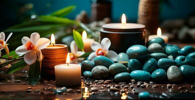 Wellness decoration, spa massage, oil on stone background. Zen, relaxation concept - AI generated image photo