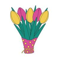 Spring colorful bouquet of tulips in wrapping paper in trendy bright shades. Sticker. Icon. isolate vector