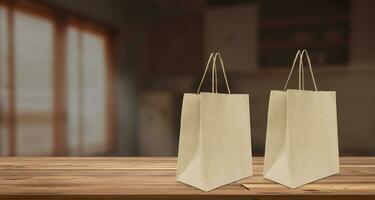 Product packaging paper bag mockup, empty paper bag on wooden table in home photo