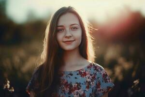 dulce niña sonriente en naturaleza antecedentes. generar ai foto