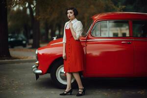 mujer en retro atuendo posando cerca antiguo rojo coche. generar ai foto