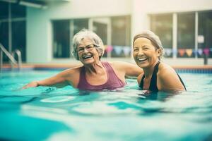 Senior woman active swim pool happy friends. Generate Ai photo