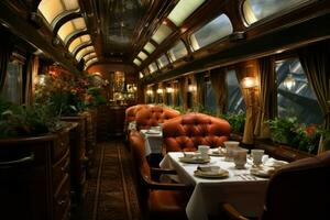 Vintage Dining interior train. Generate Ai photo