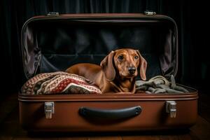 Curious Dog sit at open suitcase. Vacation travel photo