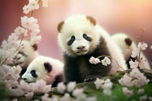 Fluffy Cute baby panda flowers. Generate Ai photo