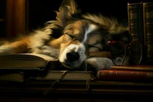 Tranquillizing Dog asleep reading. Generate Ai photo