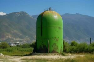 demolición trabajos arruinado verde gas tanque combustible oxidado. generar ai foto