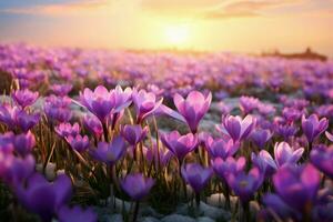 Radiant Sunny crocus field. Generate AI photo
