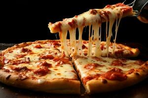 Aromatic Cheesy pizza on table. Generate Ai photo